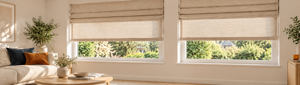 Vouwgordijnen op maat in linnenlook in een woonkamer